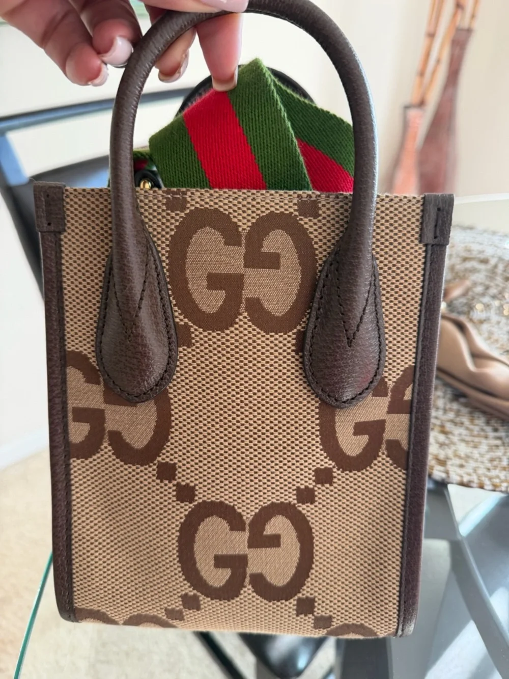 Gucci Brown GG Canvas Mini Tote/Crossbody with Green-Red Strap - Picture 9 of 13
